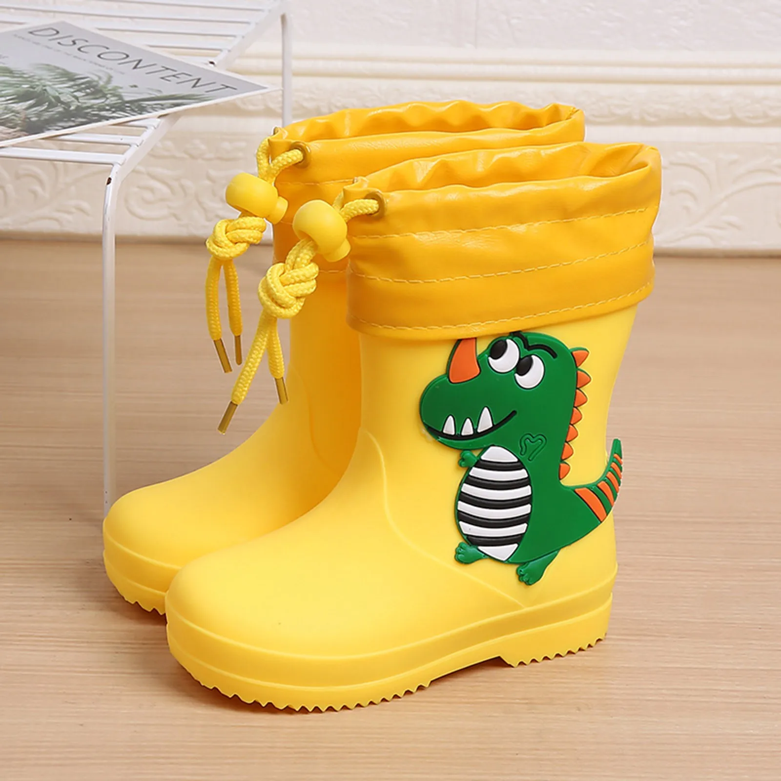 Rain Boots Kids Girl Cute 3d Rainboots Dinosaur Children'S Boys Boots Plush Warm Ankle Pvc Waterproof Toddler Water Shoes