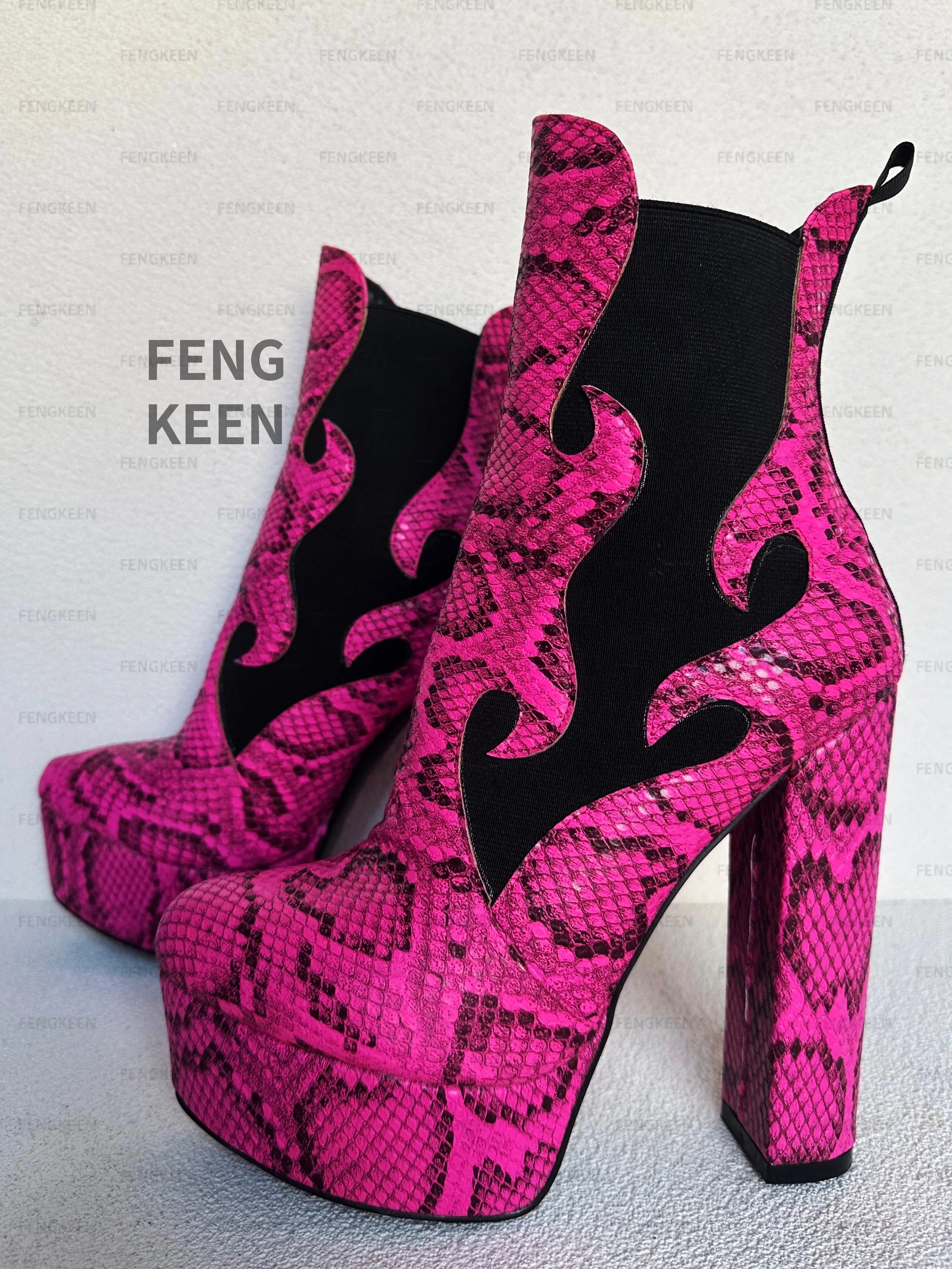 

Женские ботильоны на массивной платформе FENGKEEN, розовые ботильоны на высоком каблуке с принтом змеи питона, большие размеры, 19 49 51, ручная работа