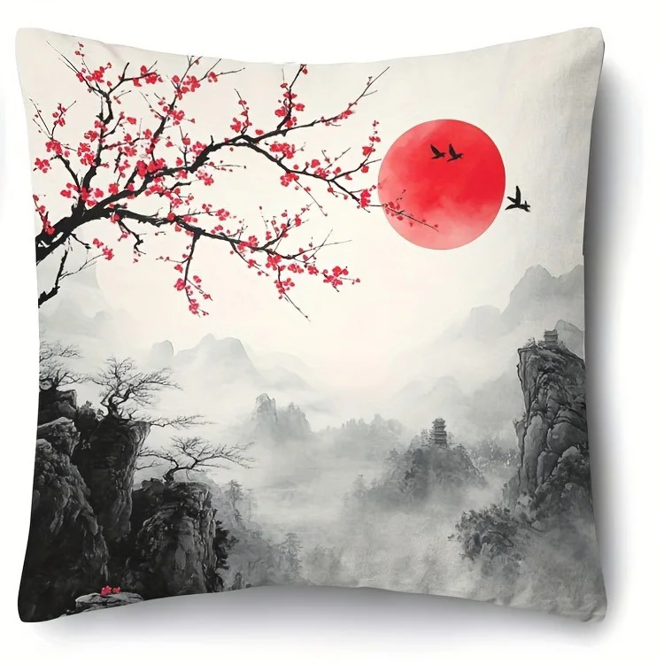 Red sun and plum-blossom mountain landscape, design 3