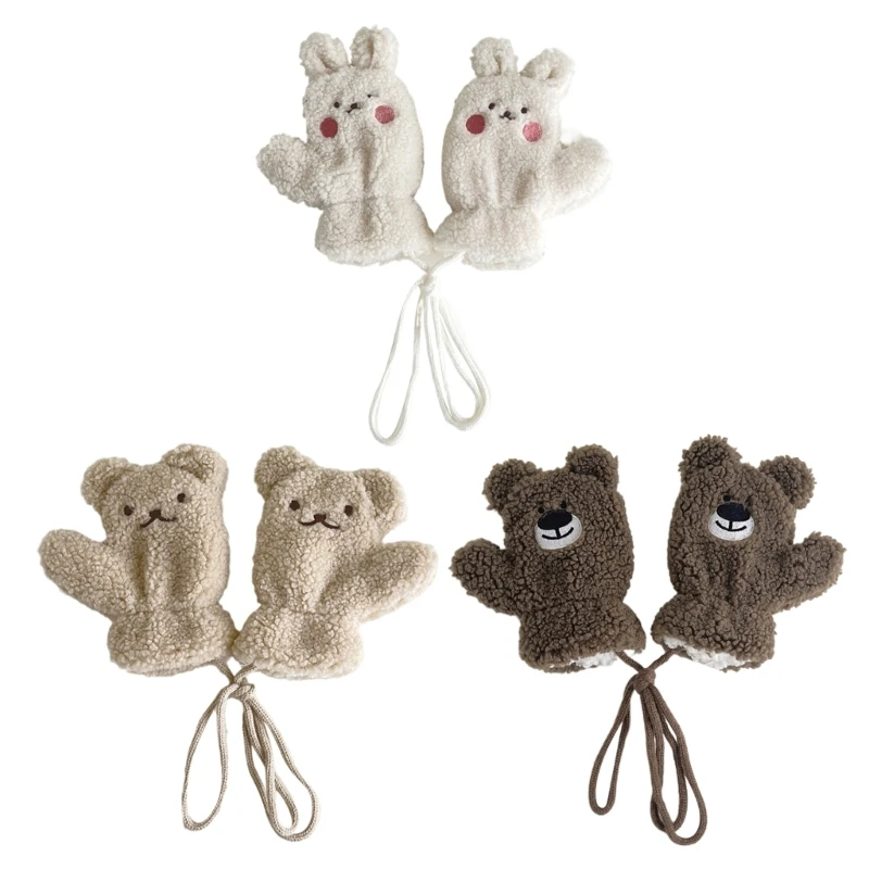 

Cartoon Gloves with Thick Plush Lining Essential Winter Accessories Adjustable Neck Strap Mittens for Children Gift