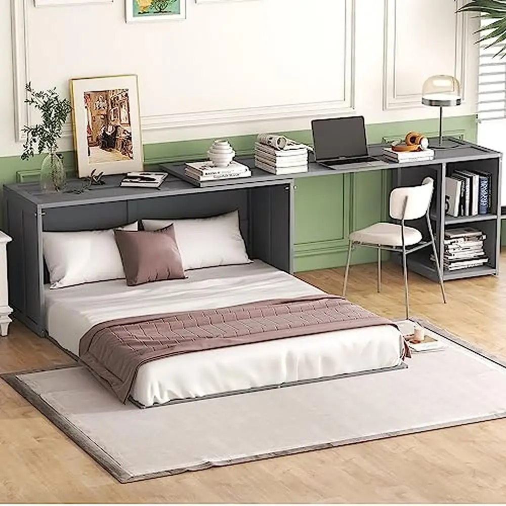 Description Picture 2 of itemQueen Size Murphy Bed Cabinet Hideaway Foldable Desk Easy Assembly Modern Design 600lb Capacity Wood Wall Bed Platform Kids Gray