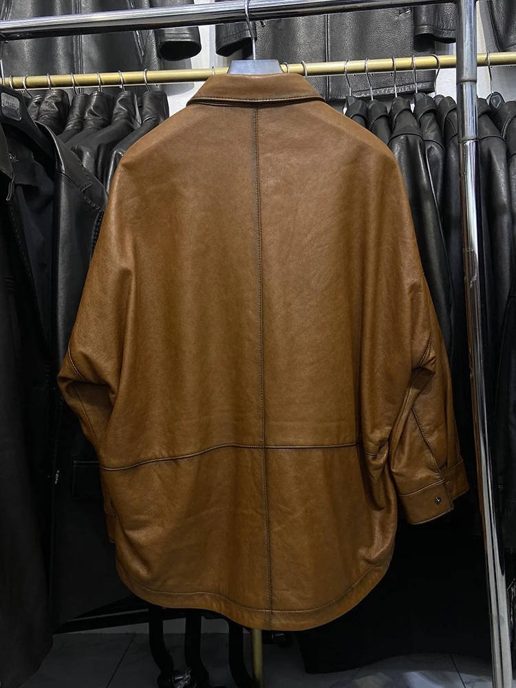 Women Genuine Sheepskin Leather Spring Autumn Fashion Classic Khaki Real Leather Jacket Oversize Loose Real Leather Coat