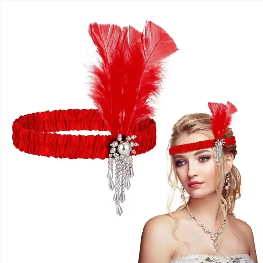 Red Feather Pearl Headband - Retro Party Fashion Accessory