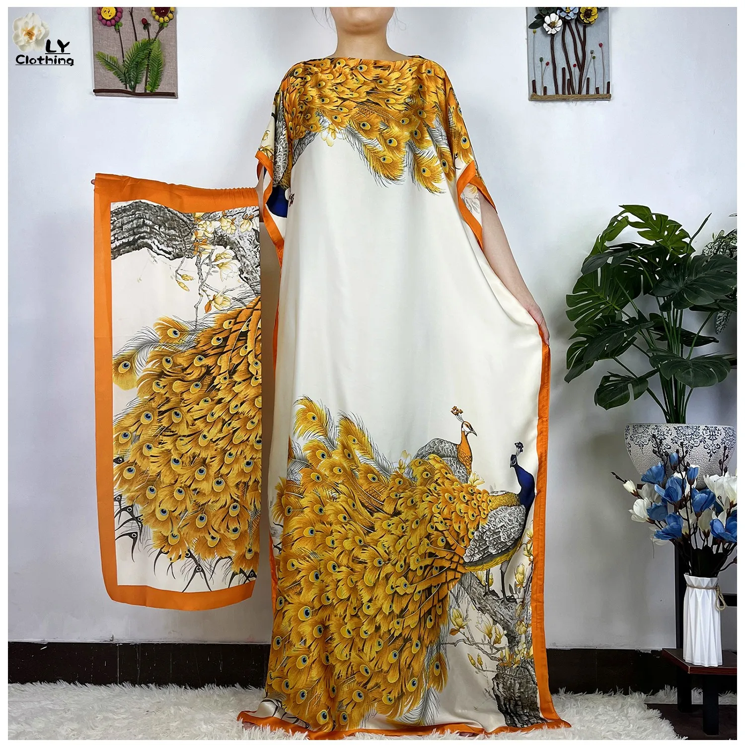 2023 New African Fashion Short Sleeve Colored Pattern Dubai Women Summer Real Silk Soft Printing Loose Tradition Muslim Dress 1