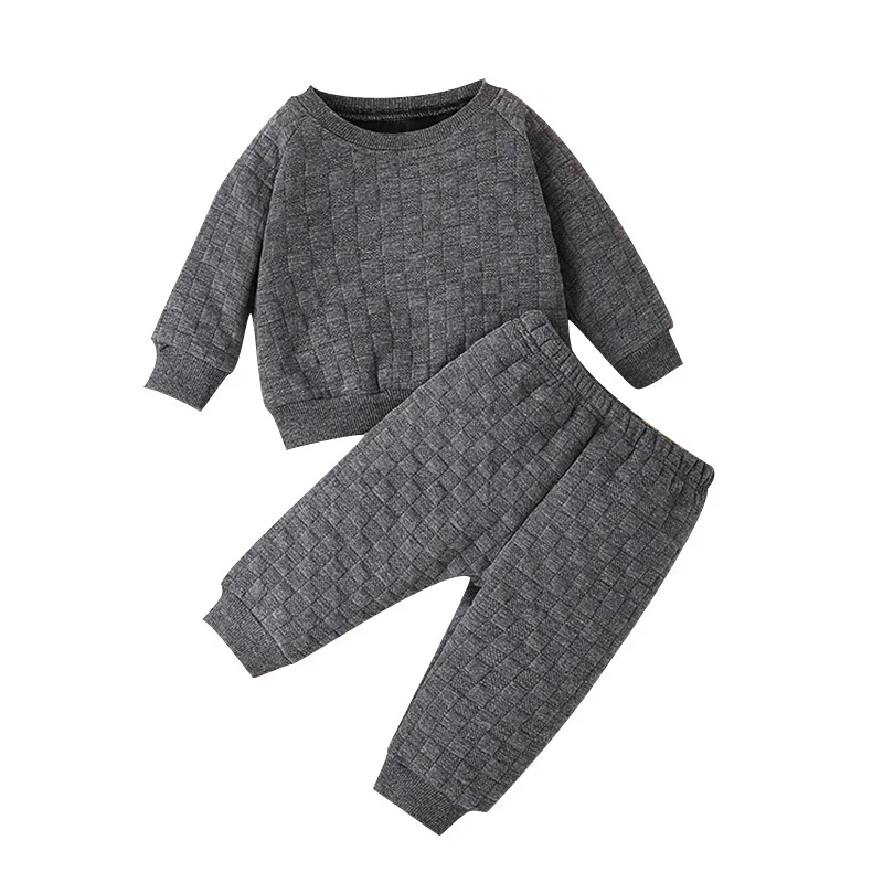 

New 2Pcs Kids Autumn Warm Tracksuit, Solid Color Thick Long Sleeves Pullover Sweatshirt + Casual Long Pants, 0-24Months 30