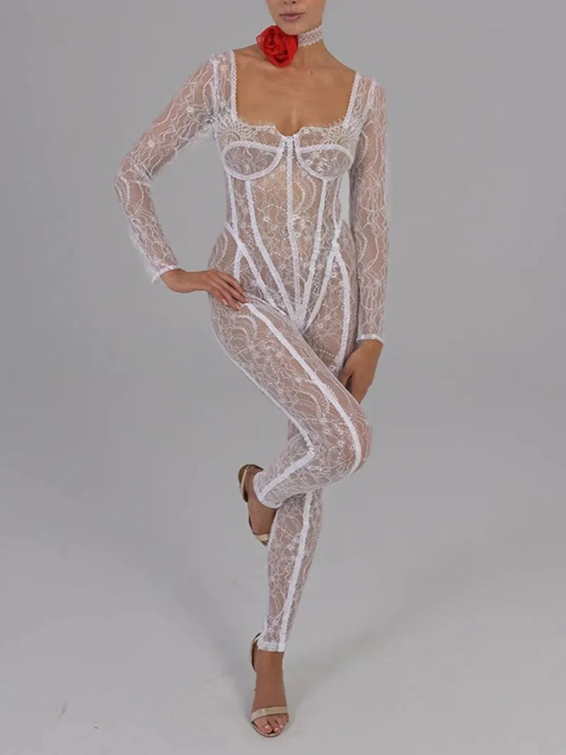 

Elegant Sexy Square Collar Long Sleeve White Jumpsuit Birthday Party Club Outfits Women See-through Backless One Piece Bodysuit