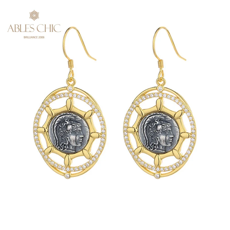 

Athena Goddess of War and Wisdom Greek Coins 18K Gold Tone Solid 925 Silver Roman Coin CZ Accent Drop Earrings E1033