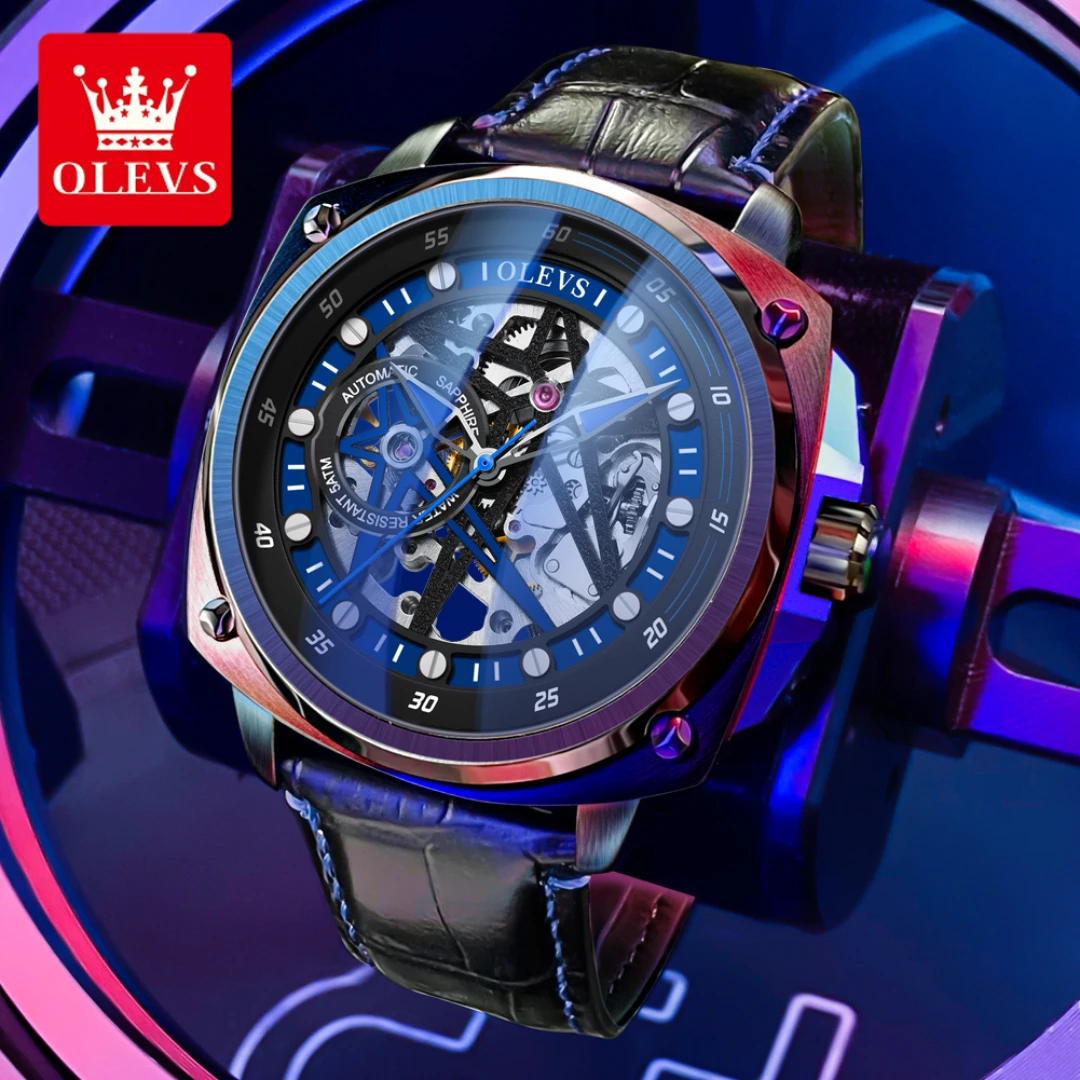 OLEVS 6682 Mechanical Sport Watch Gift Genuine Leather Watchband Round-dial