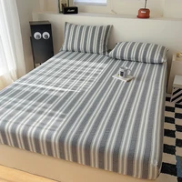 Bonenjoy 100% Cotton Fitted Sheet Yarn Dyed Bed Cover Stripe Style Bed Linen sabanas Elastic Bedsheet (Pillowcase Need Order) 1