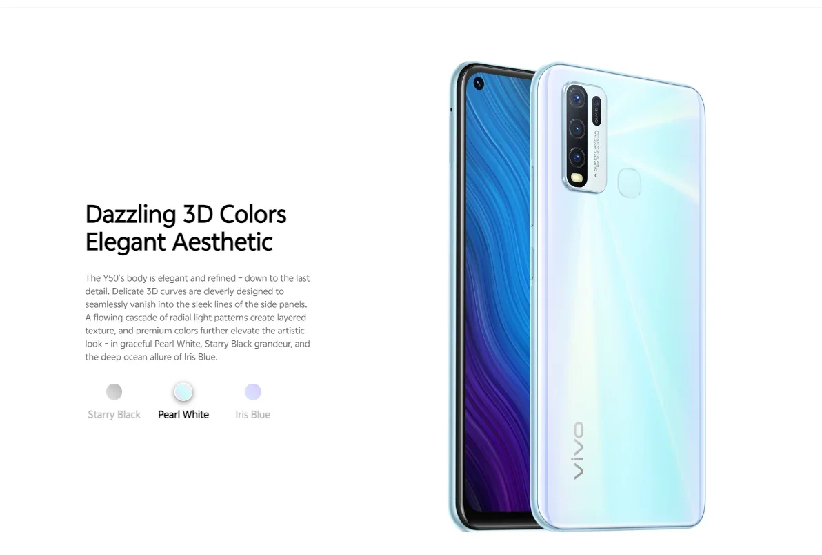 4G Smartphone Original VIVO Y50 8GB 128GB 5000mAh 6.51inch 2340x1080px CPU Snapdragon 13MP + 16MP 4 Cameras Android