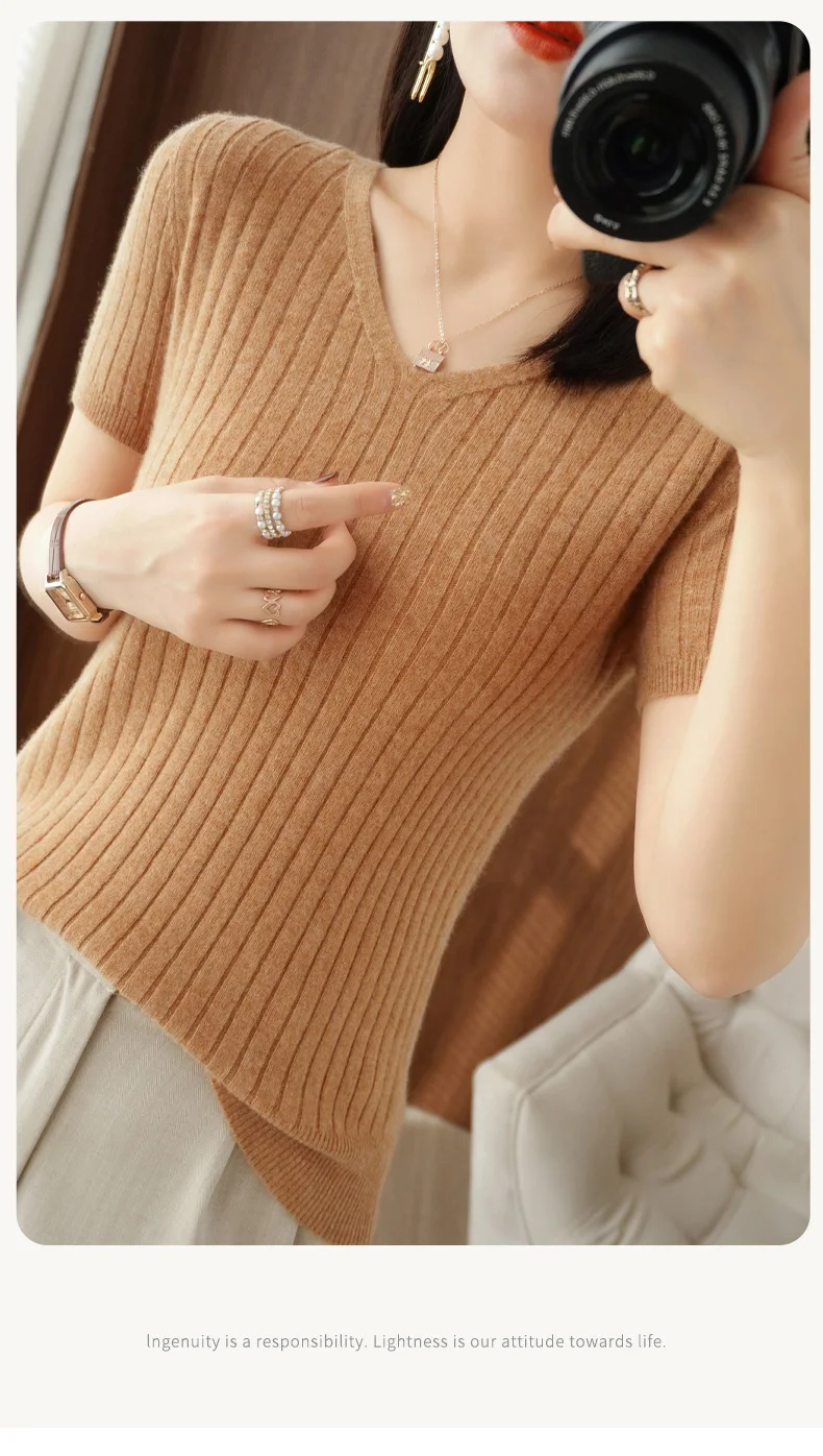 New Ladies Spring Summer Cashmere  Sweater Short sleeve V-Neck Pullover Vertical Striped Knitted Short sleeve Sweater Slim-Fit cardigan