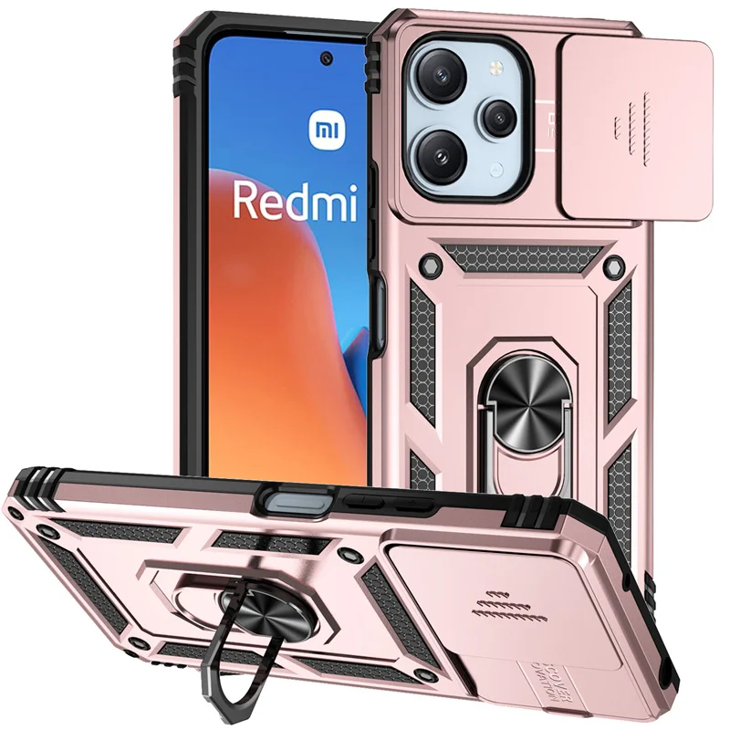 Enhanced Shockproof Armor Phone Case with Ring Holder and Slide Lens Protector for Xiaomi Redmi 12 4G (2023)
