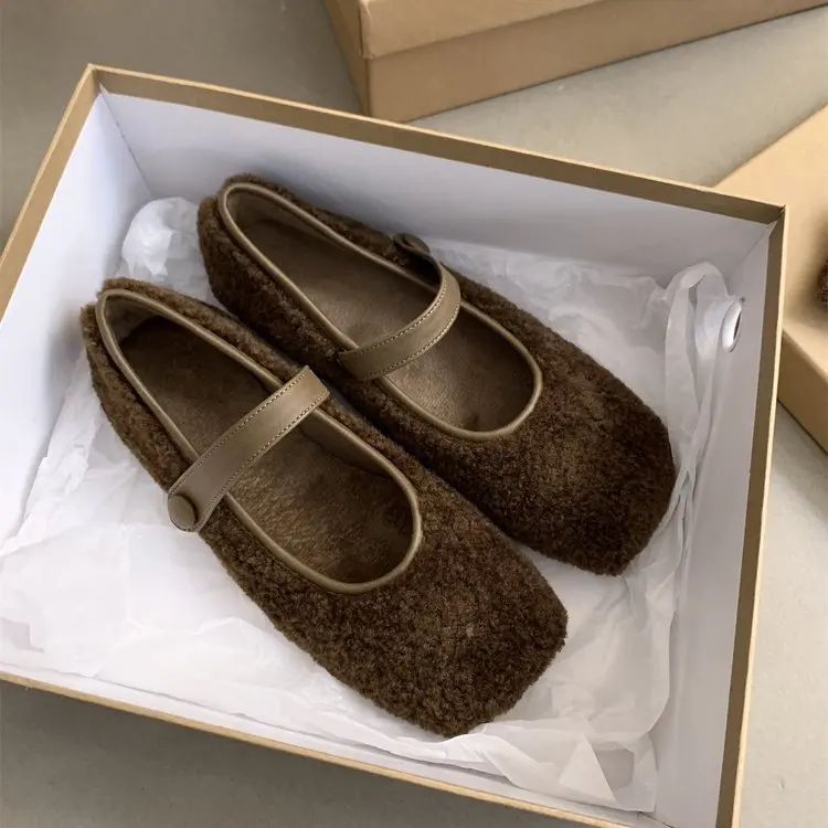 Square Toe Cosy 2026 Ballet Flats Woman Warm Teddy Fur Mary Jane Shoes Ladies Brand Design Elegant Fluffy Plush Loafers