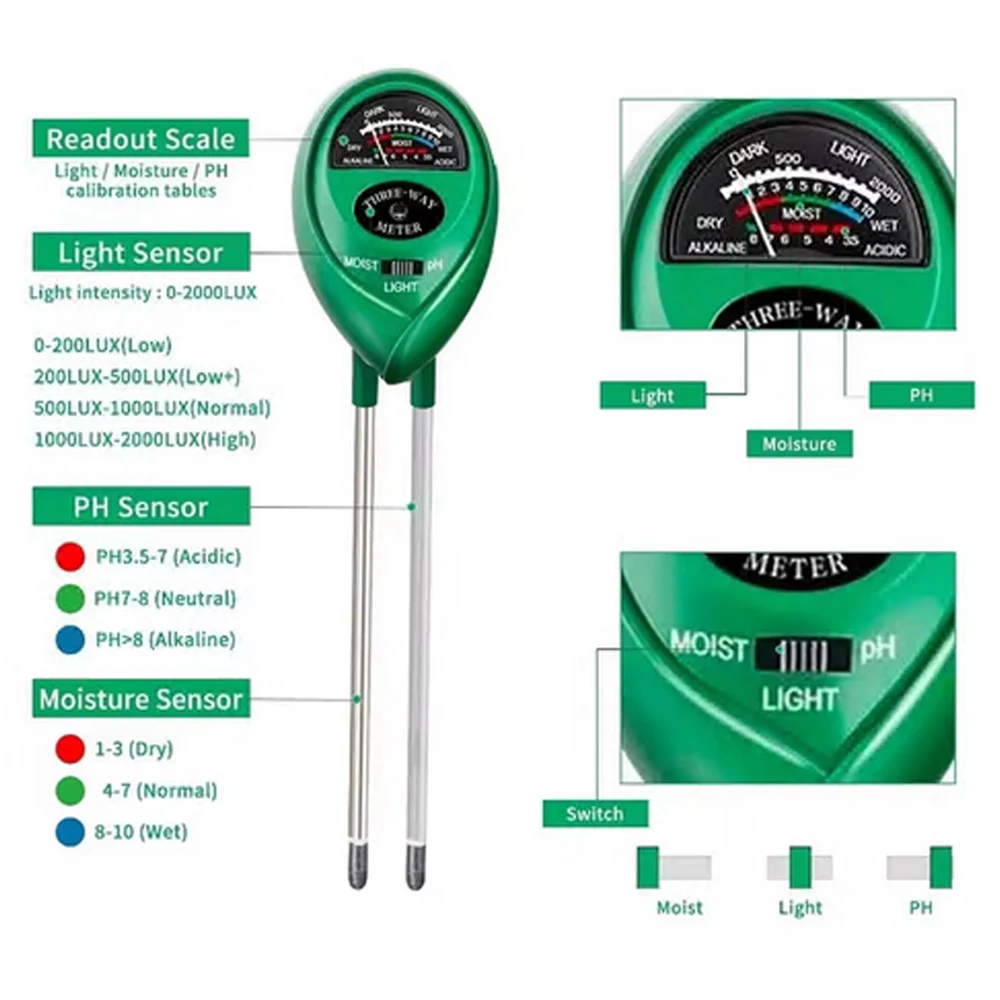 3 In1 Moisture Sunlight PH Meter Soil Water Acidity Humidity Light Tester