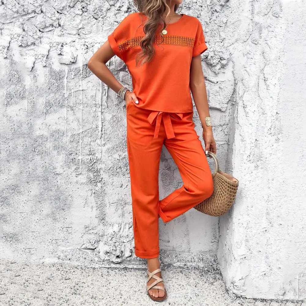

Summer Two-piece Suit Pure Color T-shirt Trousers Set Elegant Lace-up Waist Women's Top Pants Set with Hollow O Neck for A