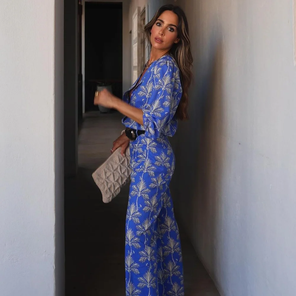 PB&ZA 2024 Spring New Women's Fashion Style Casual Versatile Round Neck Printed Shirt Top Wide Leg Pants Set