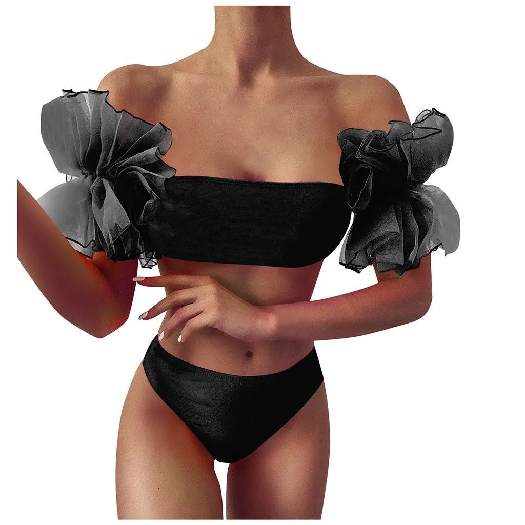 

Женский соблазнительный сетчатый однотонный комплект бикини с оборками, купальник с пуш-ап и подкладкой, купальник, пляжная одежда