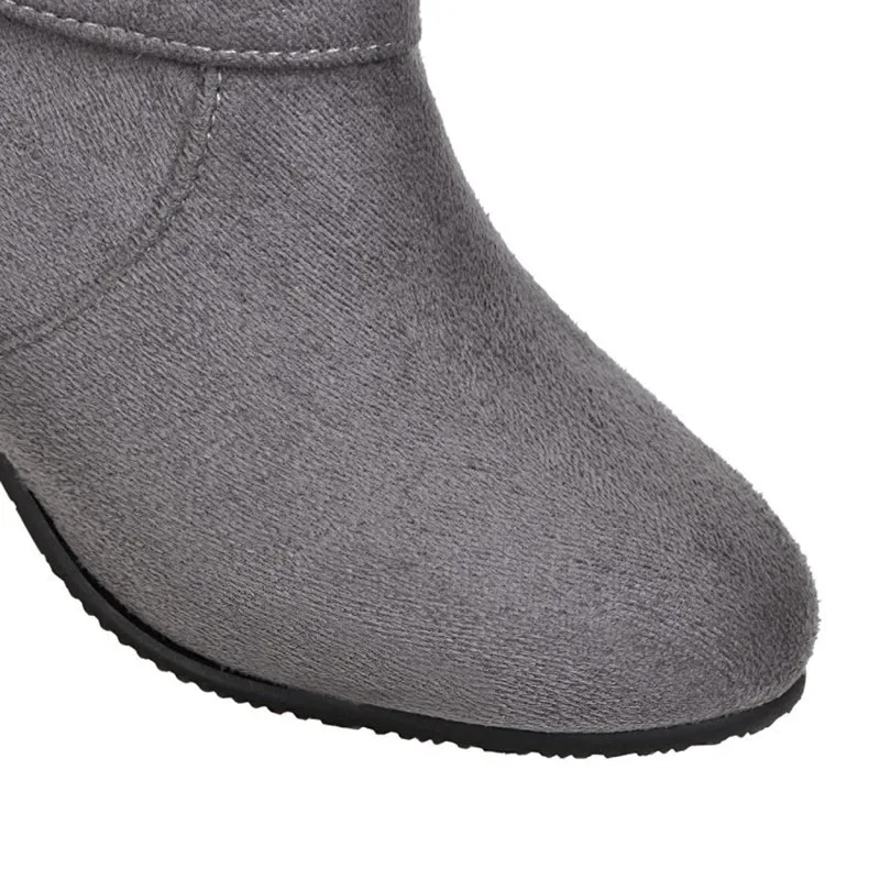 Women High Heel Boots Lady Buckle Wedges Heels Knee Boots Round Toe Flock Sewing Boots