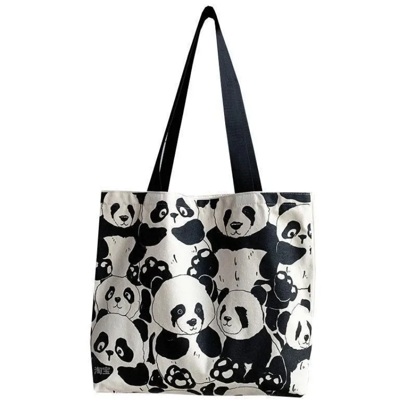 Canvas Bag Women's Shoulder Chinese Style High Capacity Zipper Canvas Bag Portable Shopping Bag Double Cute Panda Sided Printing Canvas Bag Women's Shoulder Chinese Style High Capacity Zipper Canvas Bag Portable Shopping Bag Double Cute Panda Sided Printing