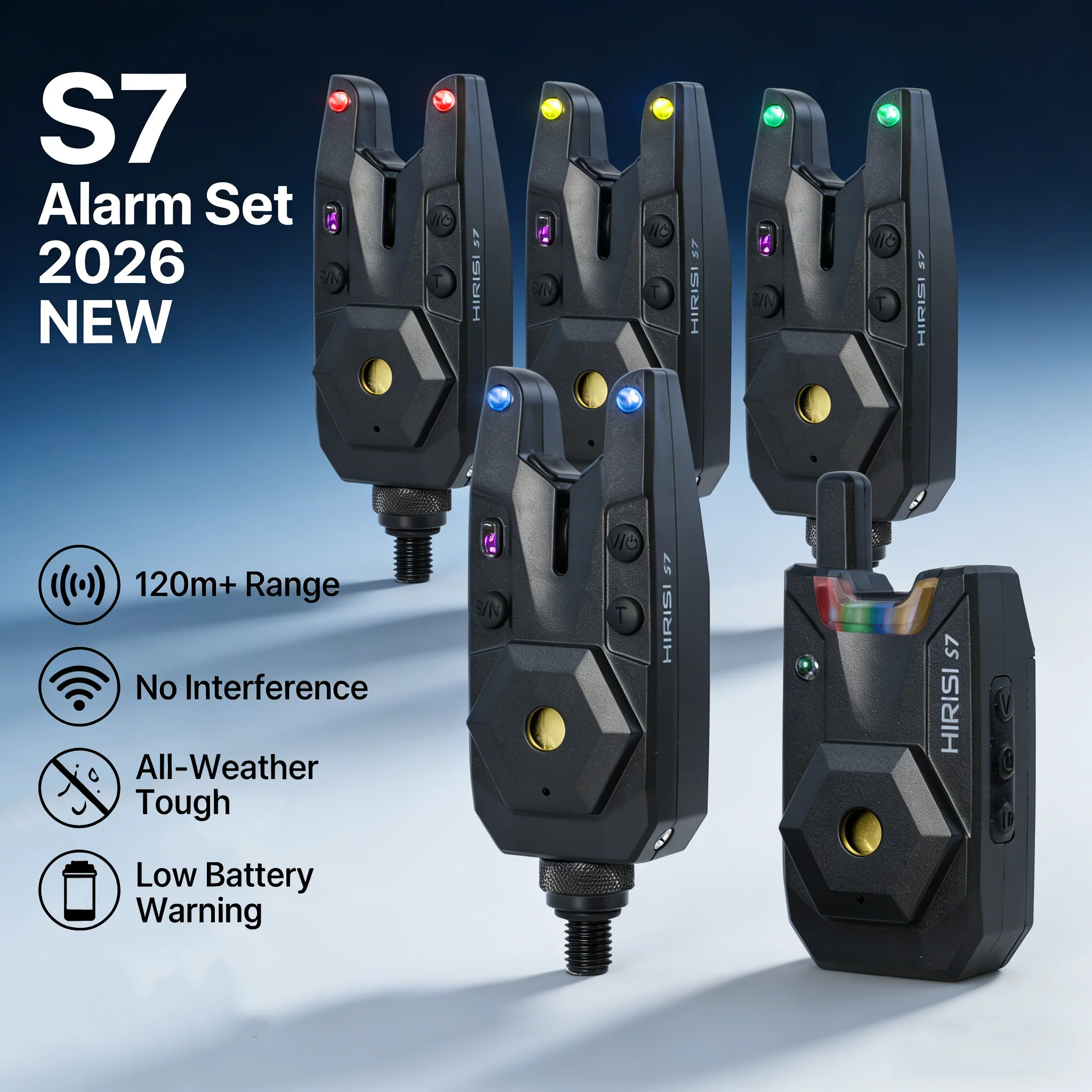 Système d'alarme de touche sans fil Hirisi S7 pour pêche de nuit avec lumière camping 120m portée