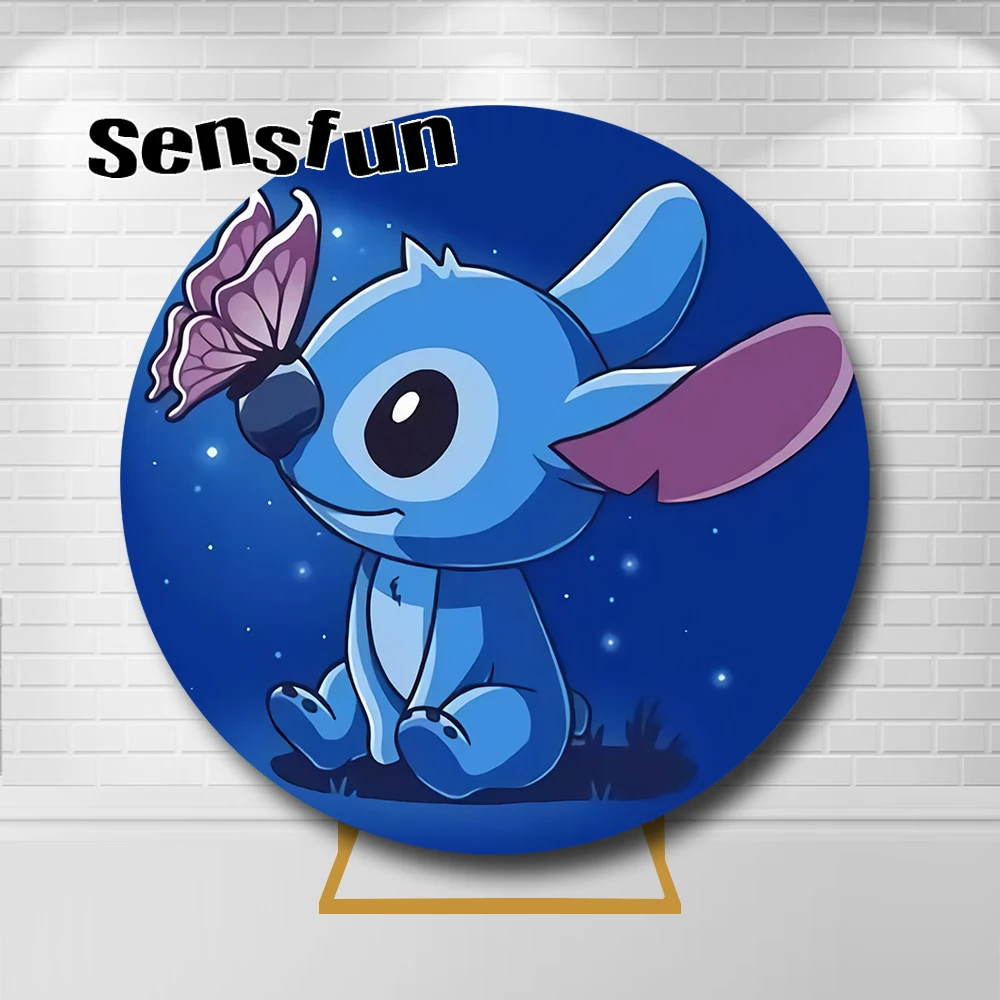 Lilo & Stitch Theme Round Background Cover Per Fotografia Blue Alien Dog Kids Cartoon Birthday Party Circle Background Elastic