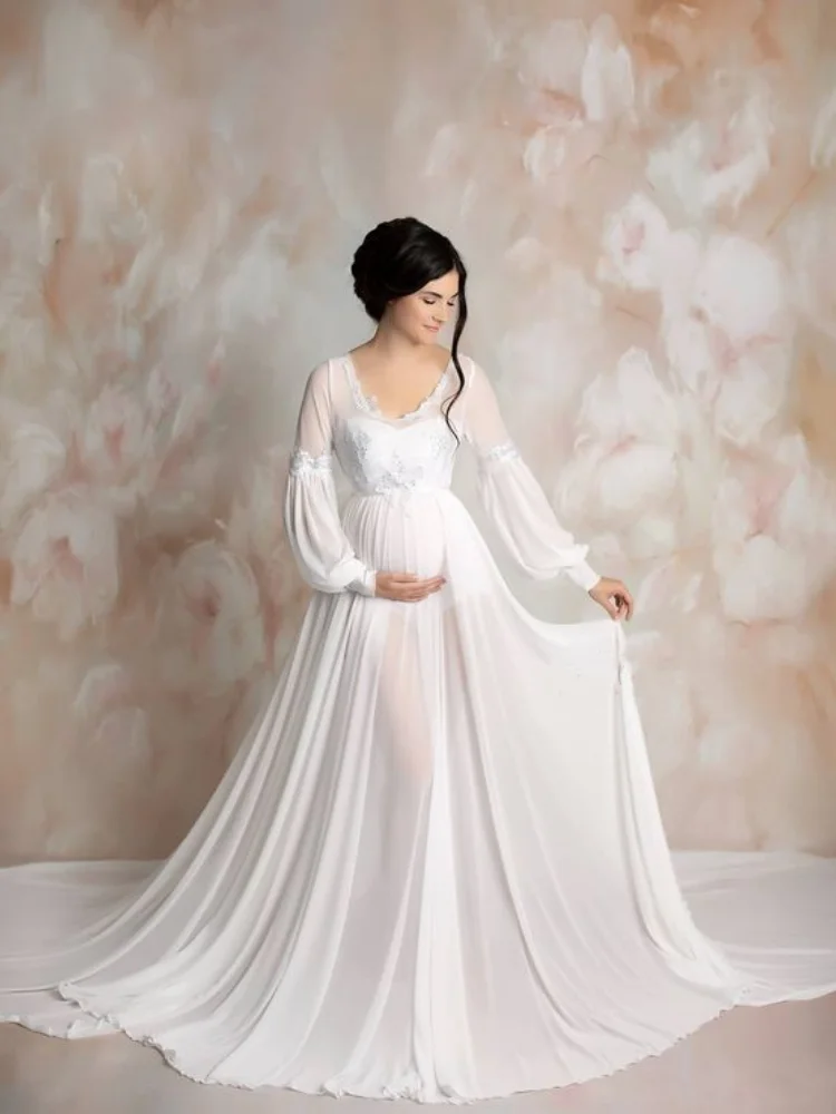 

Graceful A Line Maternity Evening Dress For Photoshot Chiffon V Neck With Applique Long Sleeves Ruffle Sweep Train Pregnancy