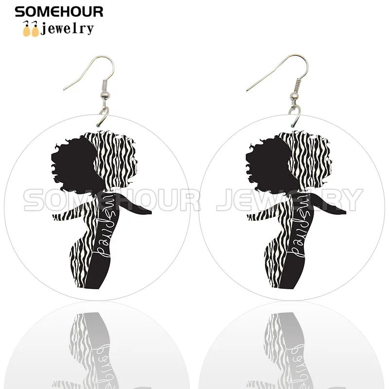 Somehour Black Power Woman Wooden Drop Earrings Afro Curly Girl Magic Blessed Strong Sayings Print Inspired Loops Pendant Dangle