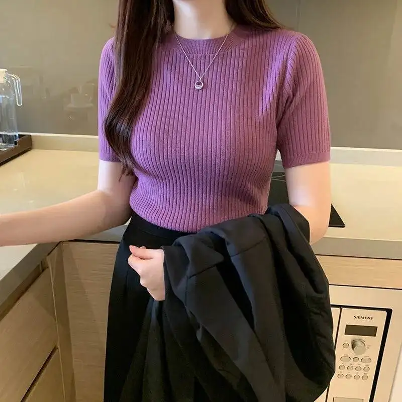 

2023 Ropa Mujer Sweater Women Chic O-neck Jumper Korean Fashion Red Knitted Cropped Pullovers Y2k Short Sleeve Tops Pull Femme
