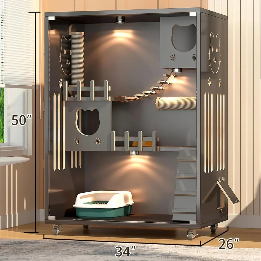 Large Indoor Cat Enclosure, Wooden Large Cat Villa, Indoor/Outdoor Enclosure with Wheels, Multi-Feature Enclosed Cats Houses