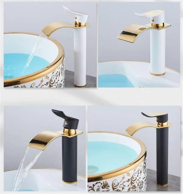 Grifo de lavabo dorado y blanco, grifería de cascada de latón, mezclador de  lavabo de baño, grifo de fregadero caliente y frío - AliExpress