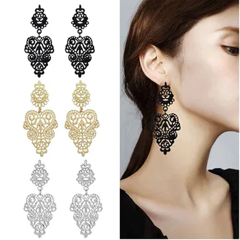 Bohemian Black Carved Flower Drop Earrings For Women Earing Jewelry Gold Red Silver Color Women's Leaf Earrings 2025 New Trendy