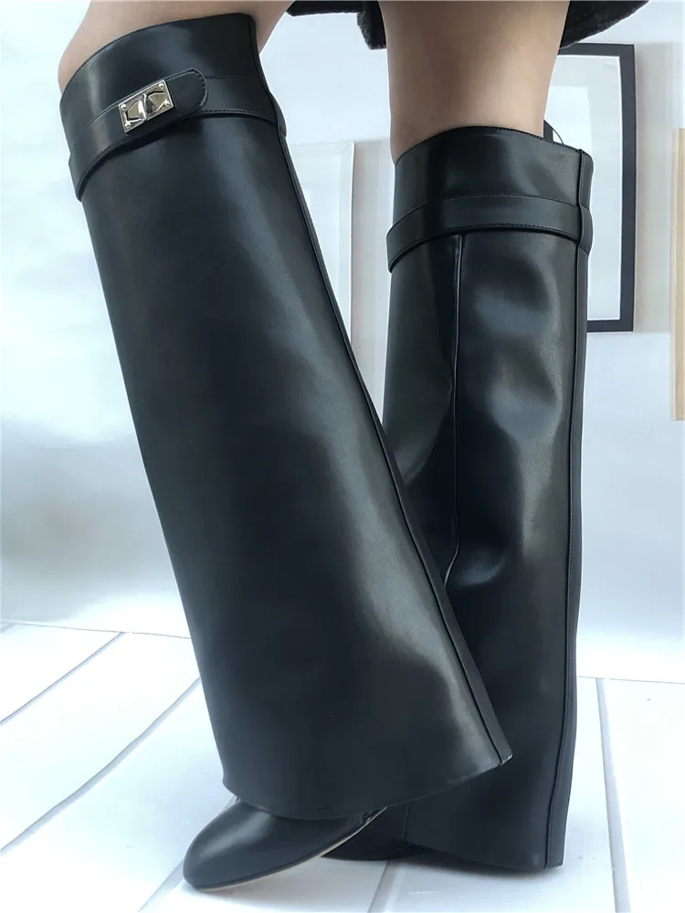 

Genuine Leather Shark Lock Boots Metal Decor Belt Knee High Botas Mujer Wedges Women's Shoes Ladies High Heel Knee Boots Female