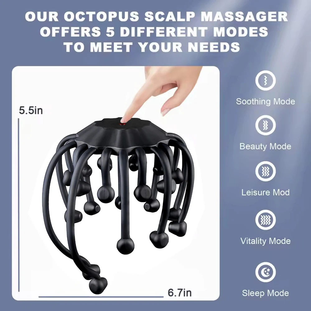 Electric Octopus Claw Scalp Massager Hands-free 5Modes Head Massage LED Red Light 3D Wireless Head Scratcher Massage Health Care