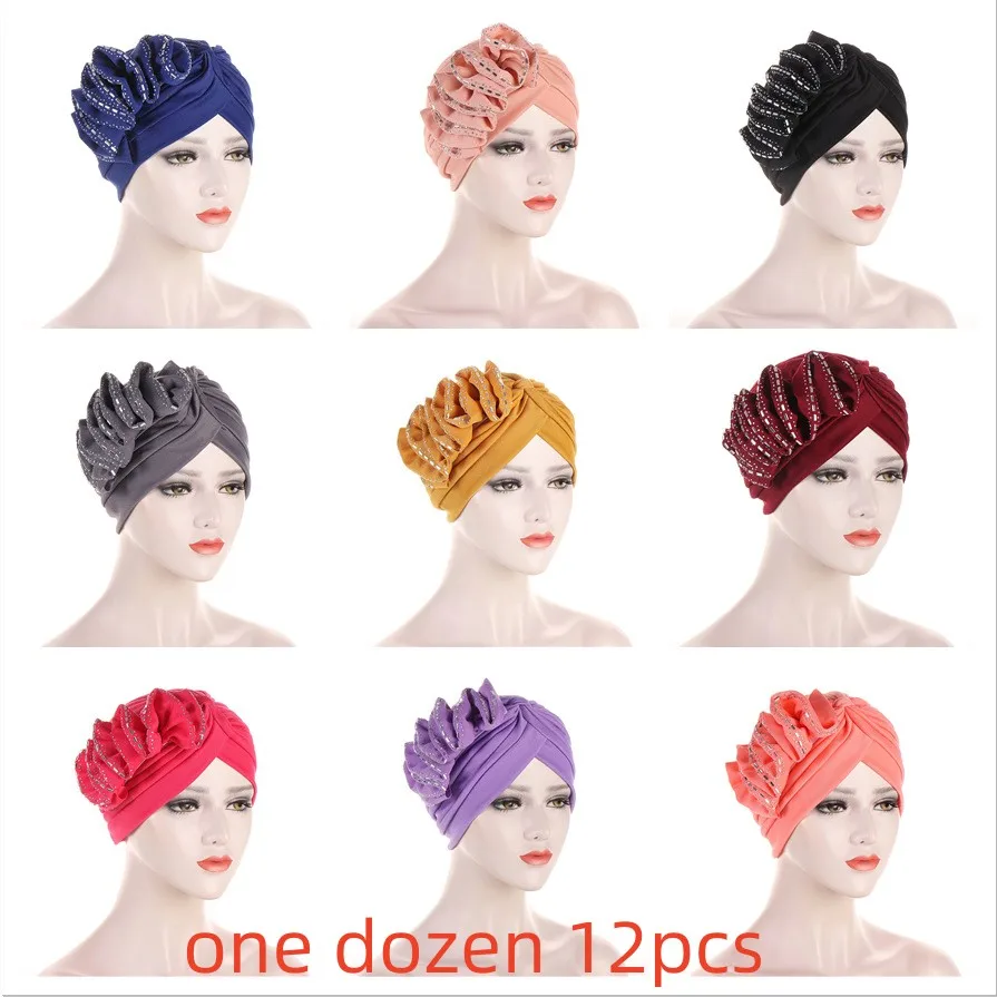 

Nice African Head Wrap Bonnet Muslim Hijab Turbans With Side Ruffles Nigeria Party Headtie Turban Cap for Women 12 pcs/pack