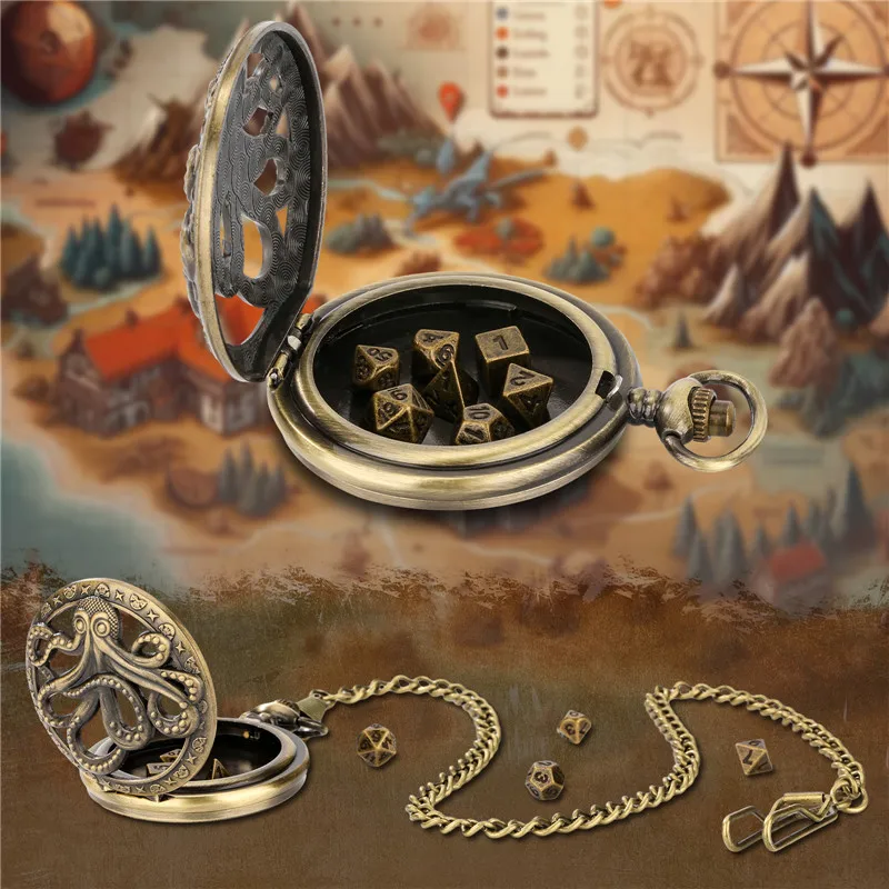 Cassa dell'orologio da tasca in bronzo catena pendente con dadi da gioco per giochi di ruolo di intrattenimento in metallo poliedrico Vintage 7 pz/set