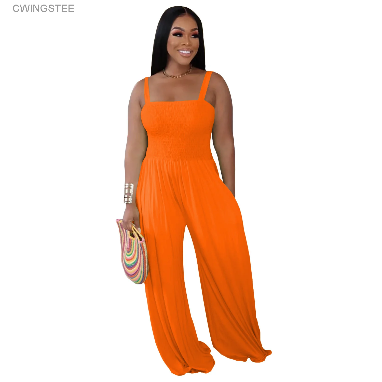 Women Elastic High Waist Loose Straight Jumpsuit Solid Sleeveless Wide Leg One Piece Set Outfits Chic Overalls 2023 New women 2023 new fashion summer y2k jumpsuit solid with belt sleeveless green cargo pant female loose chic jumpsuits clothing