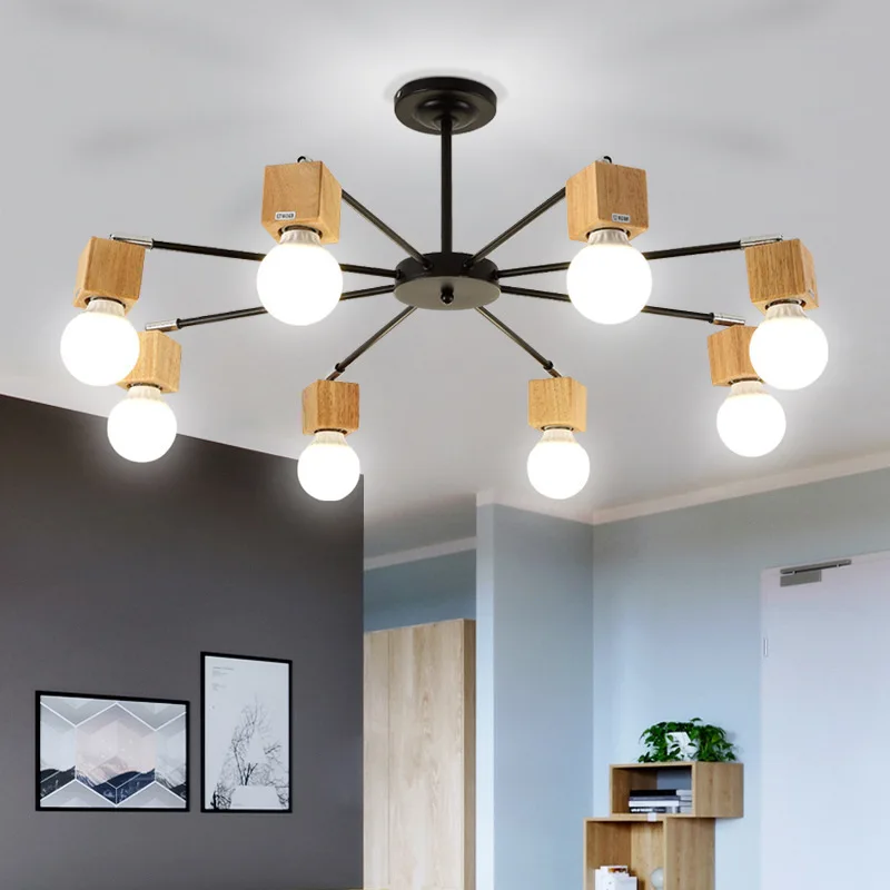 

Modern Loft Ceiling Lights Wood Fixture Vintage Spider Lamp Adjustable E27 LED Home Decor Chandelier Lighting Living Room
