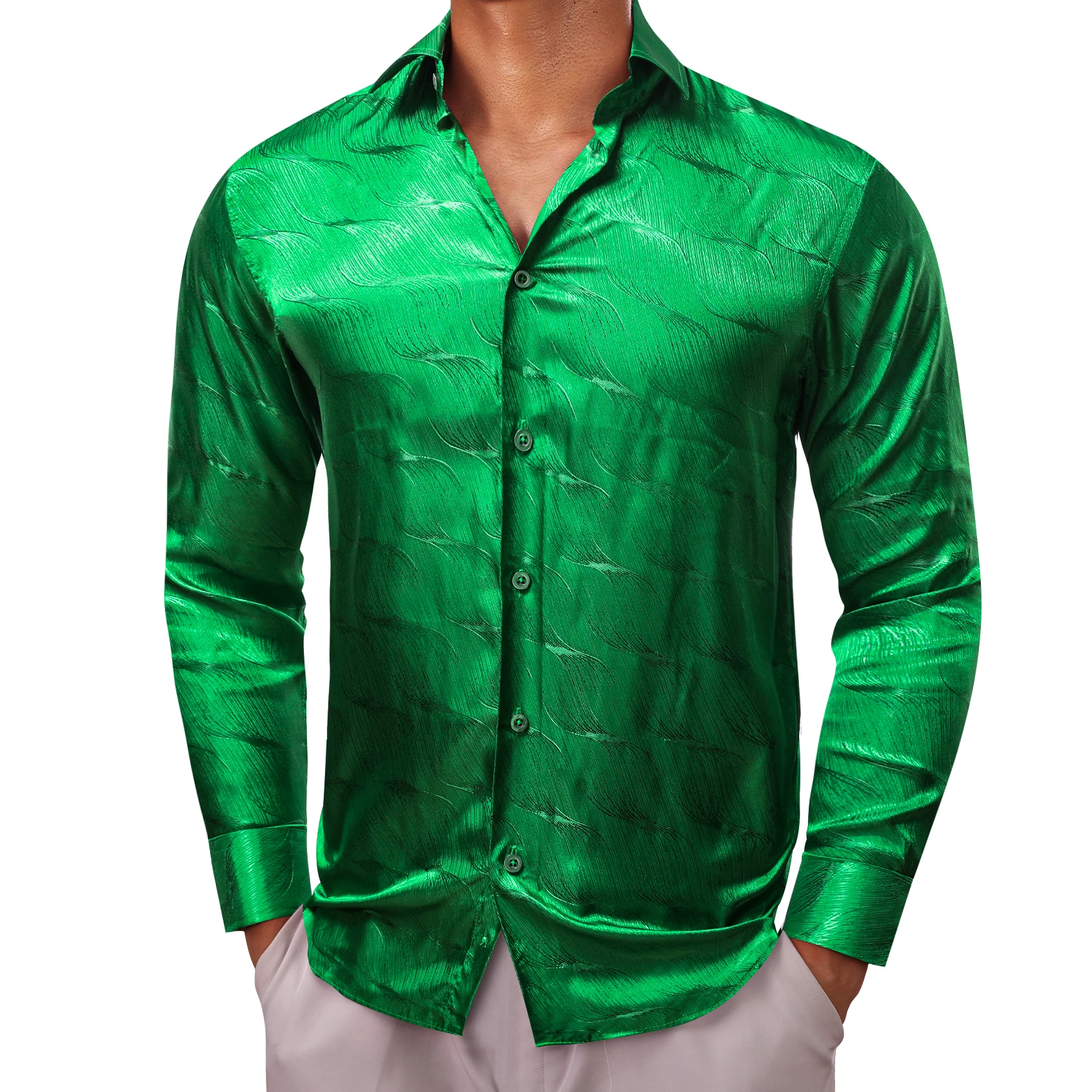 

Luxury Shirts for Men Long Sleeve Silk Satin Green Slim Fit Male Blouses Trun Down Collar Tops Breathable Clothing