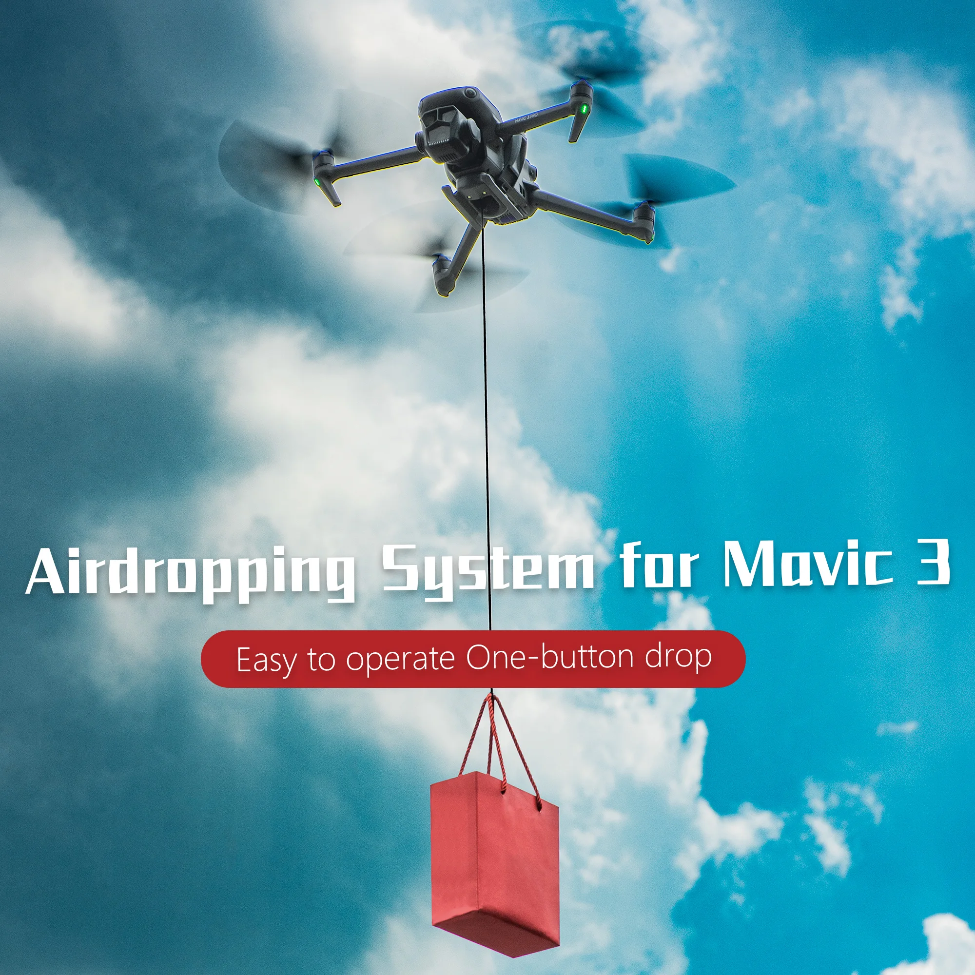 Drone DJI Mavic 3 Pro en vol avec le système Airdrop larguant un appât classique pour drone professionnel.