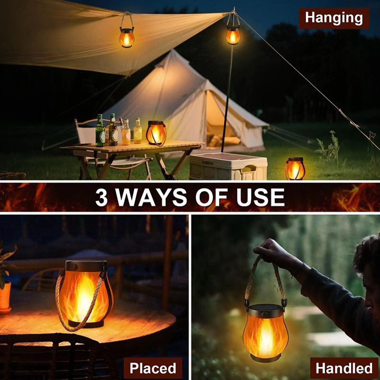 Waterproof Solar Flame Lights For Camping Tent Solar Powered LED Light Tent Lantern Yard Decor Lamp For Camp