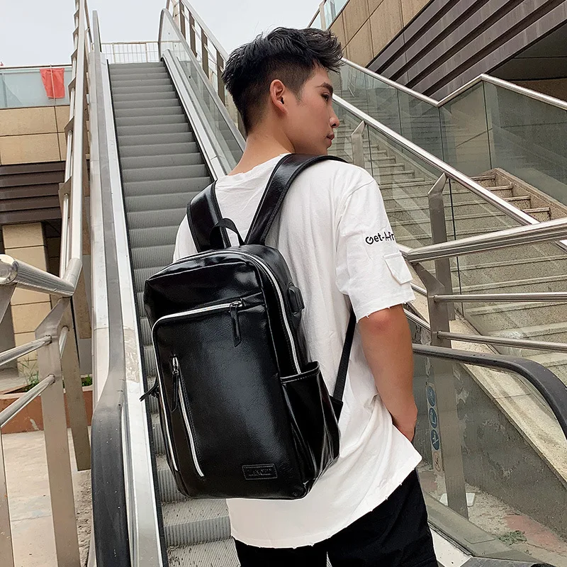 Fashion USB Charging Men's Backpack PU Leather Laptop Bag Trendy Man Travel Backpack Large Capacity Student School Bag For Boys