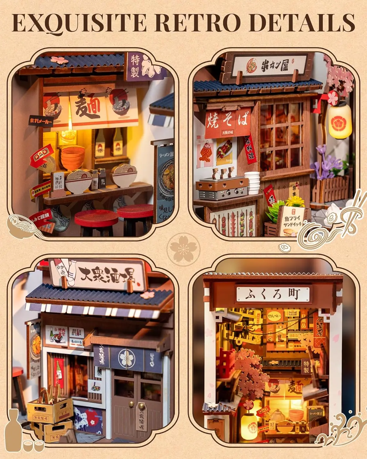 Robotime Sakura Wine Alley DIY Booknook with Lights DIY Miniature Dolls House Kit 3D Wooden Puzzle Bookend Bookshelf Decor Gift 4