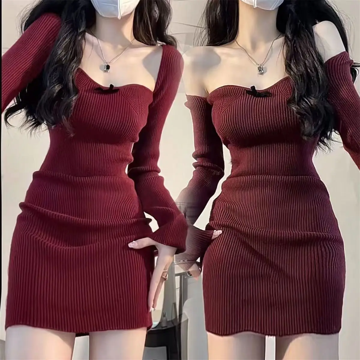 

Knitted Women Mini Dress Korean Fashion Long Sleeve Off Shoulder Autumn Knitted Ribbed Red Short Dresses New Evening Vestidos