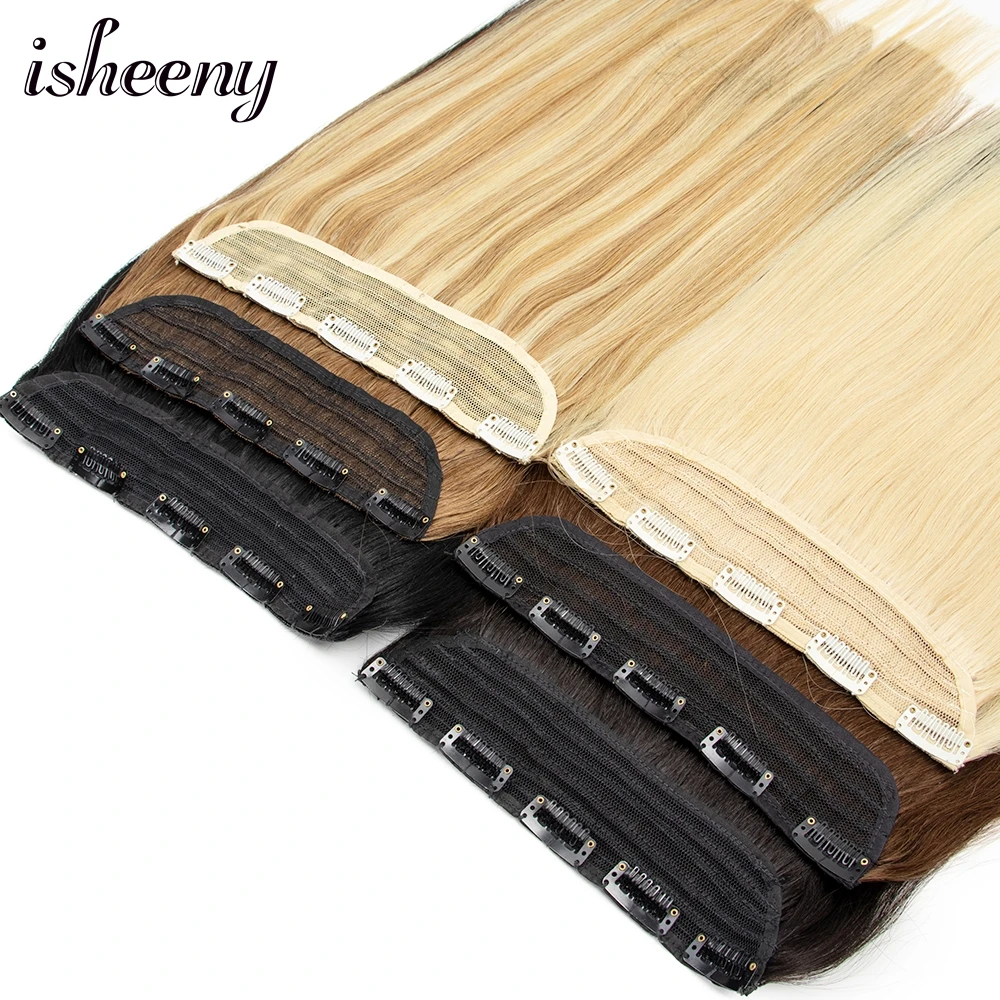 Isheeny Clip In One Piece Brazilian Hair Clips Tic Tac 5 clips 14" 18" 22" Remy Hair piece Straight Clip Human Extensions