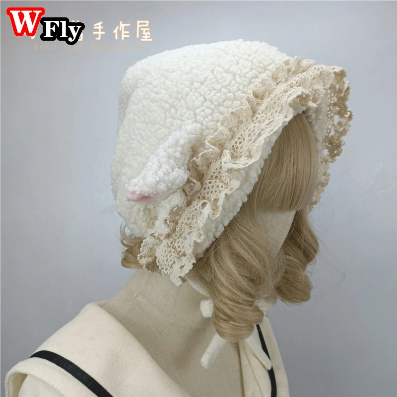 Lace Plush Lamb Ear Hat Lovely Sweet Lolita Spice Girl Daily Warm Autumn Winter Woman Japanese Ear Protection Hat winter hat
