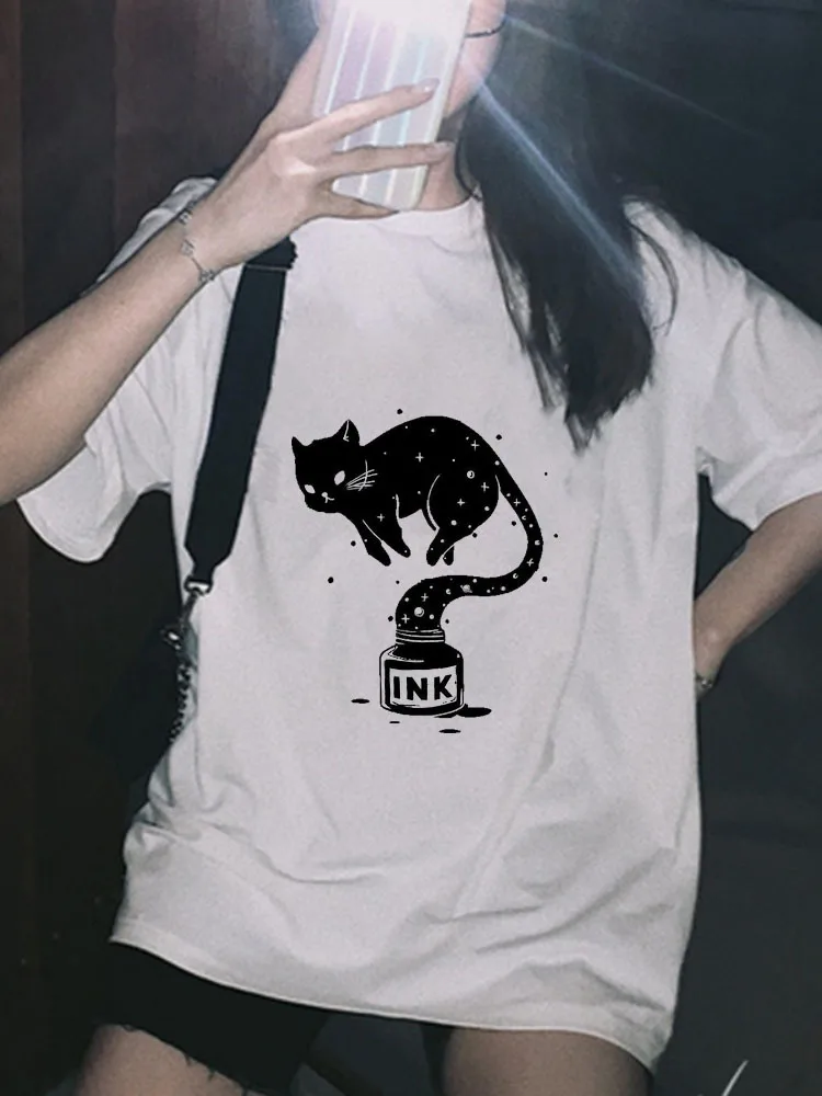 

Y2k Cat Print Women Casual Body Tee Streetwear Aesthetic Short Sleeve T-Shirt Y2k Clothes vigor relax Girl Croped Tops