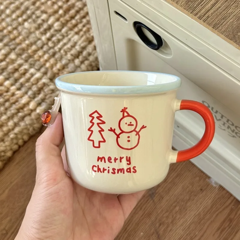 Ins Style Winter Snowman Ceramic Mug Breakfast Milk Cup Couple Commemorative Cute Pattern Creative Suitable for Giving Friends
