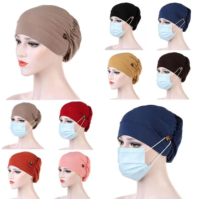 

Women Solid Color Turban Headbands Cap Autumn Winter Warm Headwear Casual Female Muslim Indian Hats With Button Hijabs Cap 2022