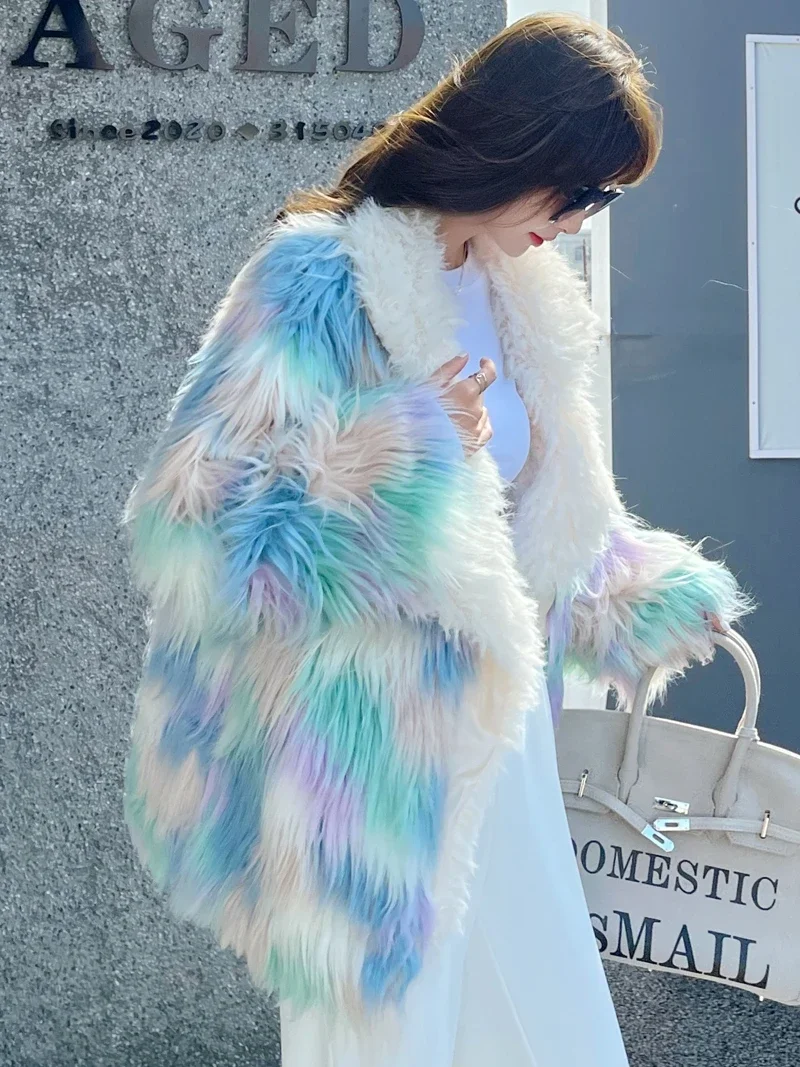 Winter 2023 Thick Warm Jacket Women's Faux Fur Mid-Length Suit Lapel Rainbow Color Lapel Long Sleeve Furry Coat Jaqueta Feminina