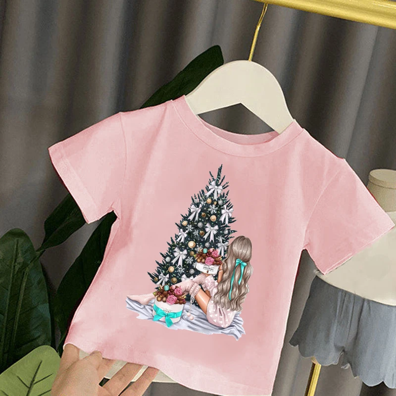 T-Shirt Per Ragazze Harajuku Pink Maglietta A Maniche Corte Fashion Girls Merry Christmas Tree Graphic T-Shirt Per Bambini Friends Top Tee